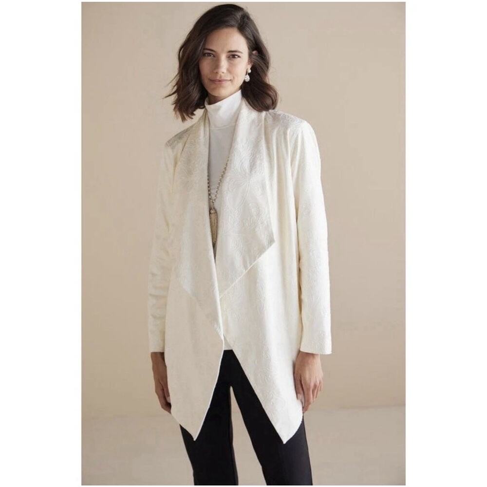 Soft Surroundings Size Large Ivory Shape Drape Faux Suede Embroidered Cardigan
